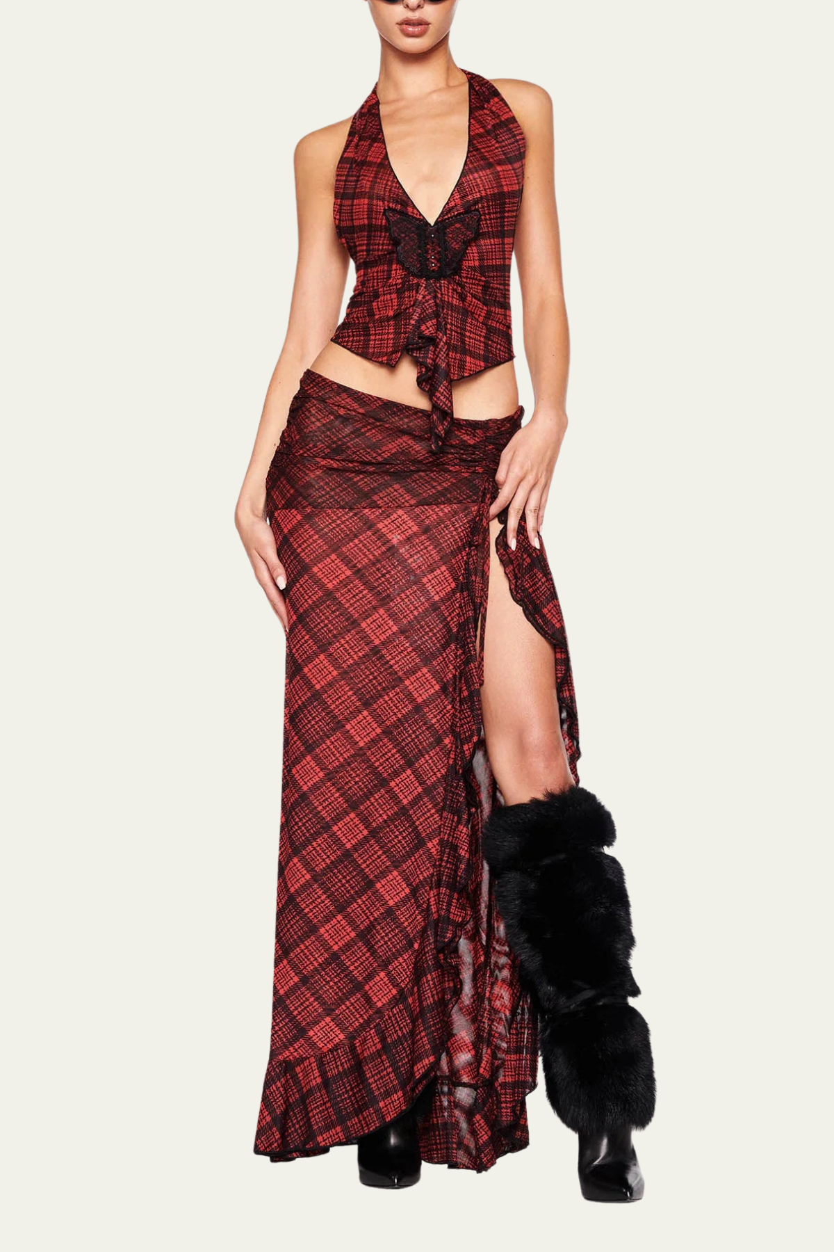 Gracie Grid Butterfly Halter Neck Skirt Set