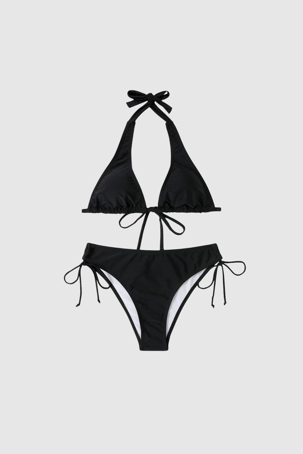 Joy black halter neck two-piece bikini set front view with tie closure and sleek silhouette