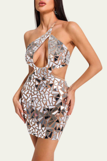 Juliette Mirror Embellished Cutout Backless Mini Dress