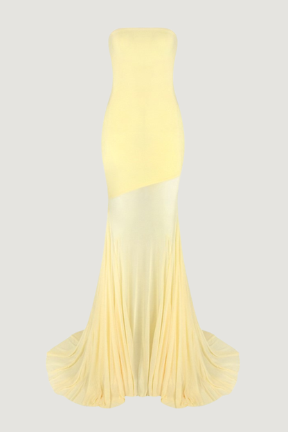 Katalina Strapless Ruffle Maxi Dress In Butter Yellow