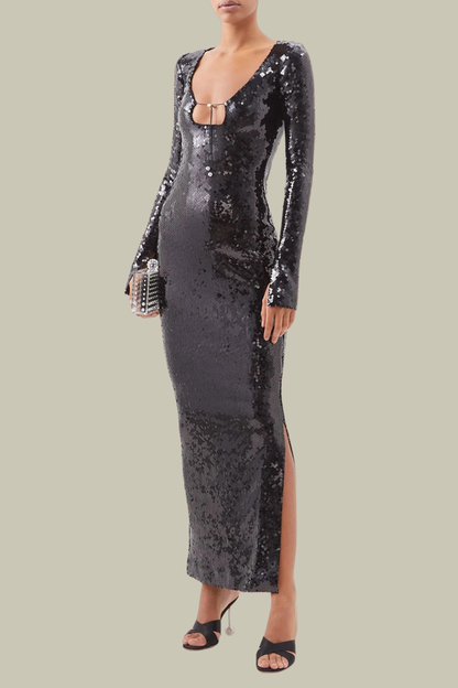 Kehlani Cutout Sequin Lace Up Maxi Dress In Black