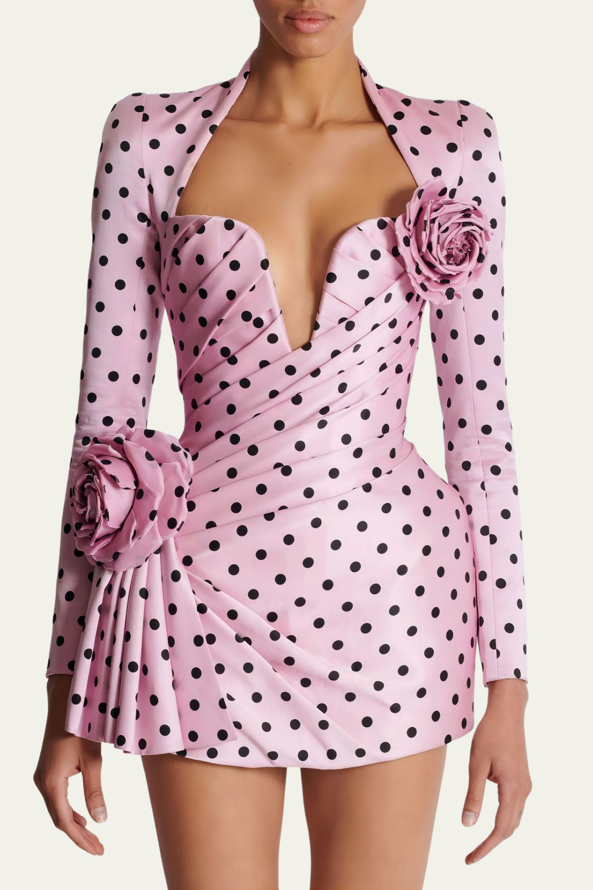 Kendall Dot Satin Flower Ruch Mini Dress – Luxeles