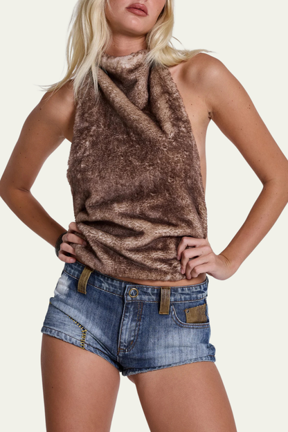 Lennon Faux Fur Halter Neck Backless Top