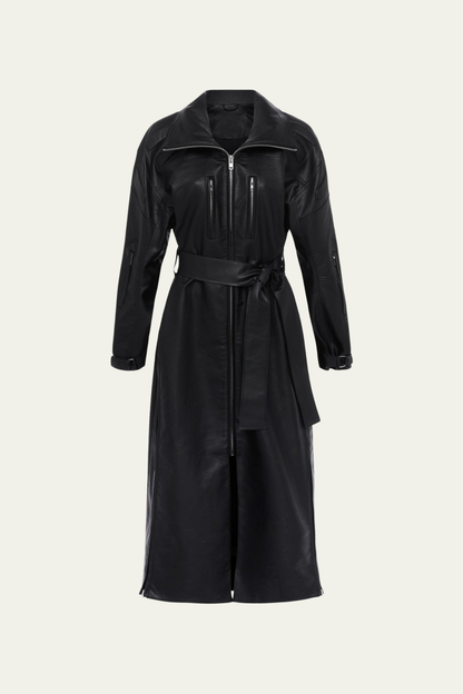 Lilah Lapel Buckle Lace Up Leather Coat