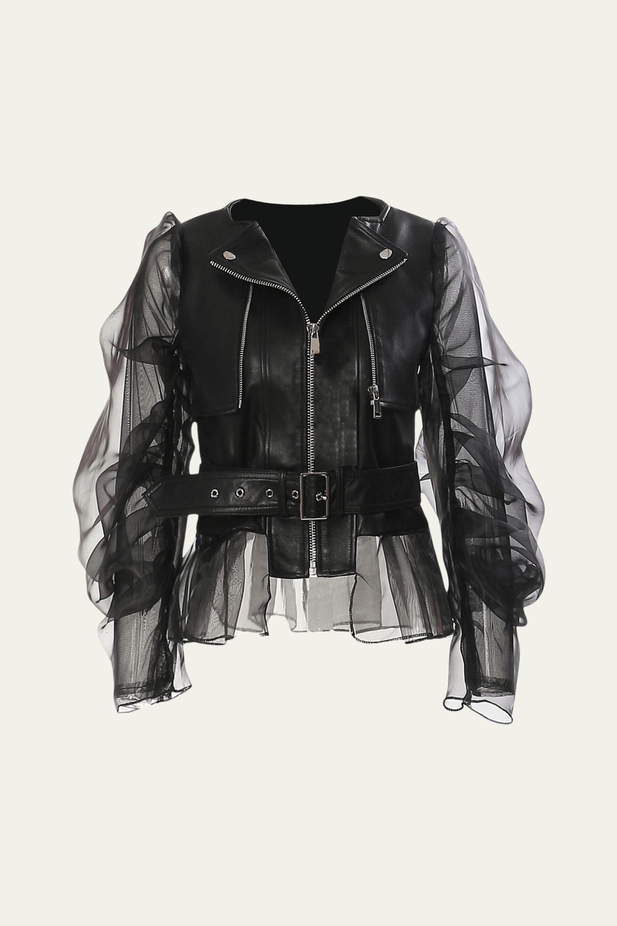 Liliana Mesh Patchwork Ruffle PU Jacket