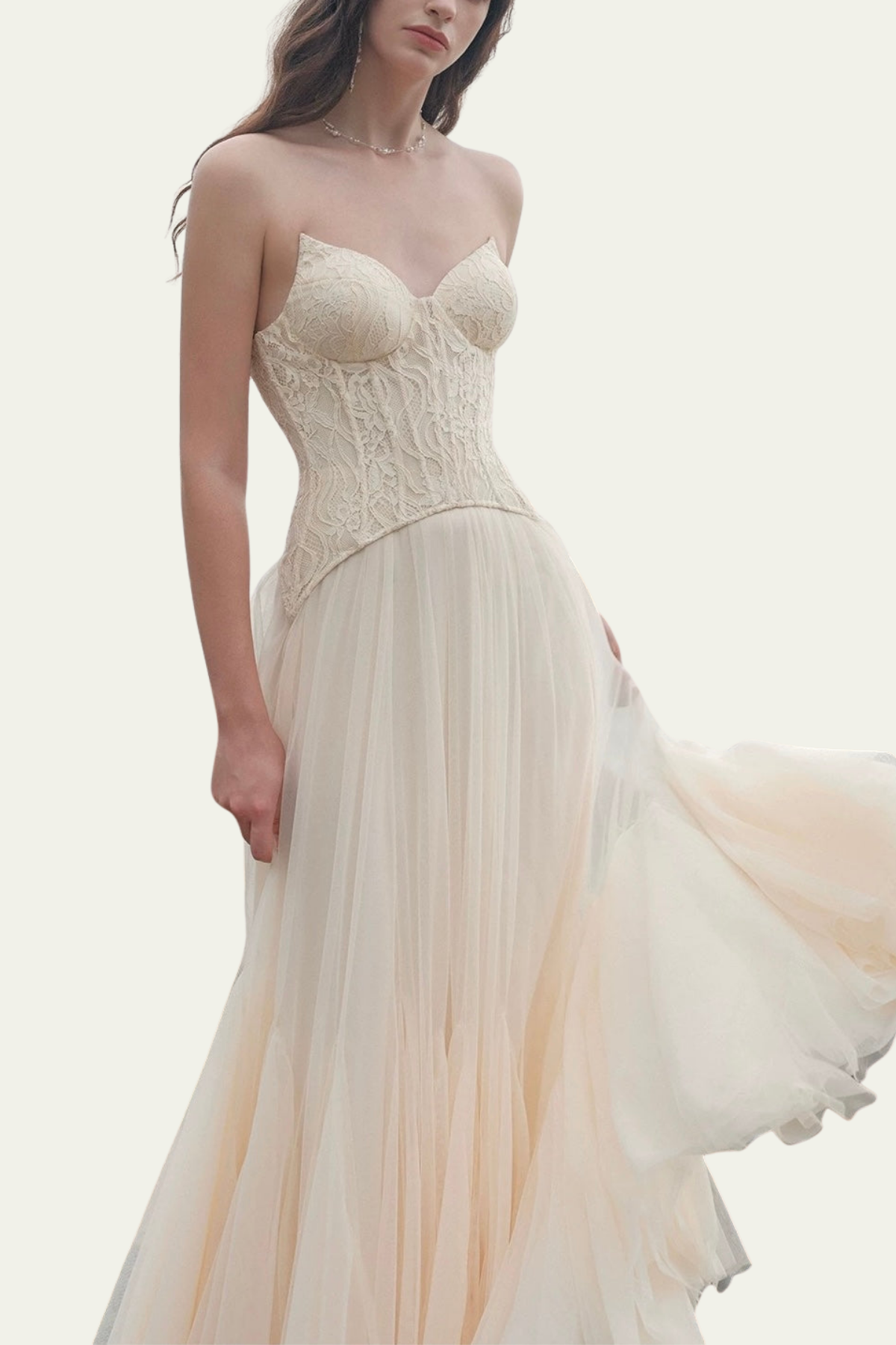 Lilliana Strapless Mesh Corset Maxi Dress In Beige – Luxeles