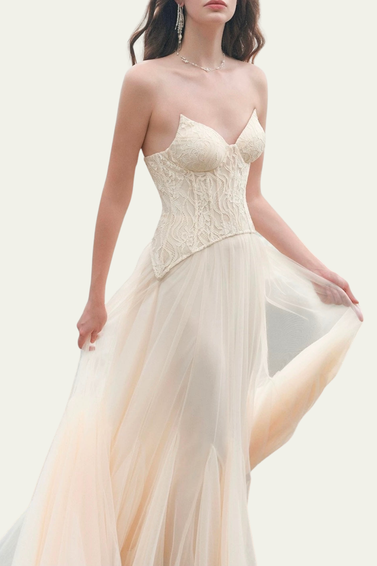 Lilliana Strapless Mesh Corset Maxi Dress In Beige – Luxeles
