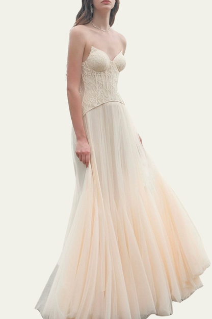 Lilliana Strapless Mesh Corset Maxi Dress In Beige – Luxeles