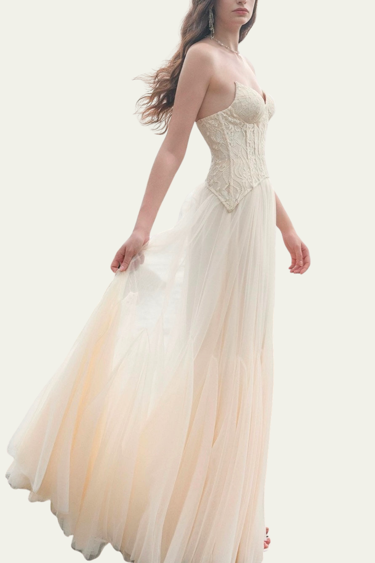 Lilliana Strapless Mesh Corset Maxi Dress In Beige – Luxeles