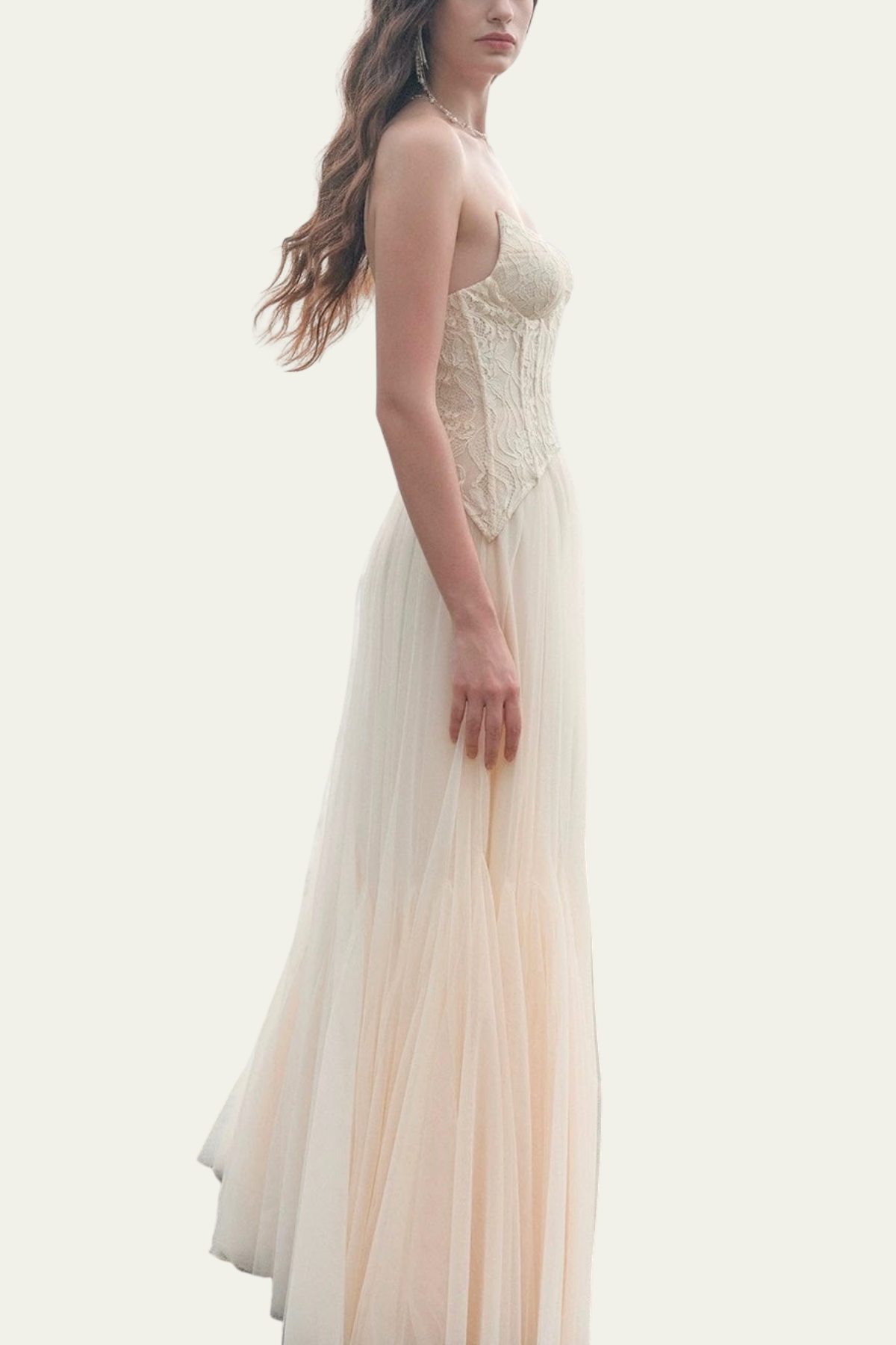 Lilliana Strapless Mesh Corset Maxi Dress In Beige – Luxeles