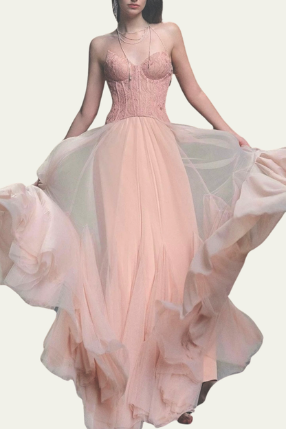 Lilliana Strapless Mesh Corset Maxi Dress In Pink – Luxeles