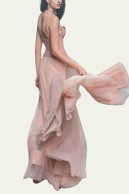Lilliana Strapless Mesh Corset Maxi Dress In Pink – Luxeles