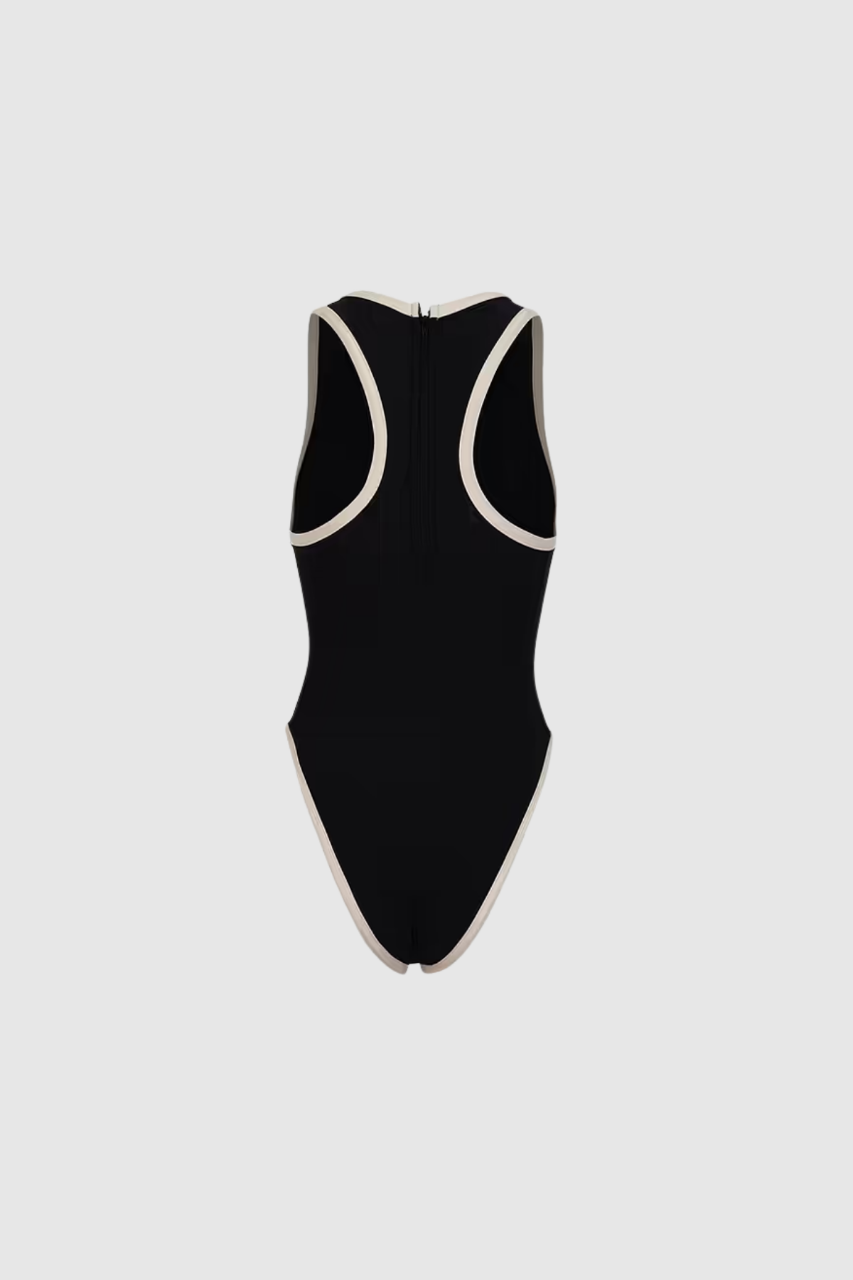 3D back view black one piece swimsuit open back fitted high stretch