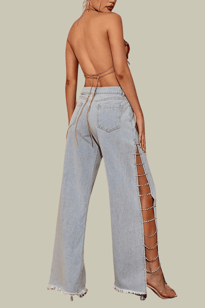 Madeline Cutout Rhinestone Chain Jeans