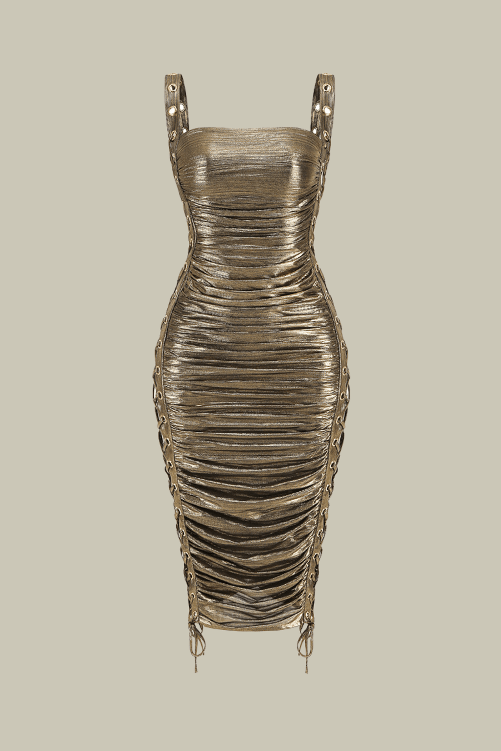 Madelyn Metallic Ruch Lace Up Sleeveless Midi Dress – Luxeles