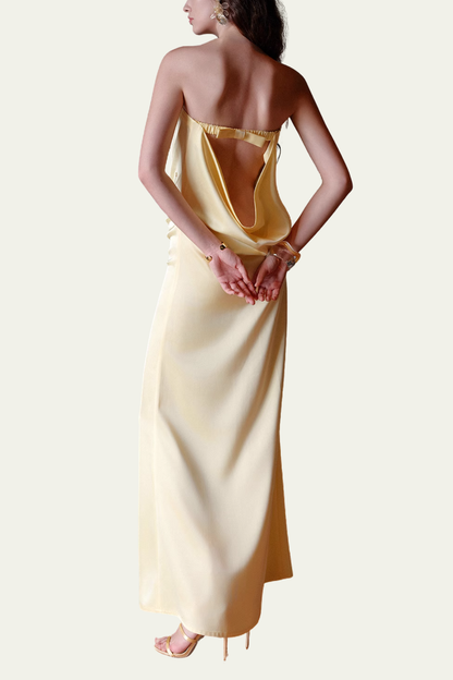 Madilyn Strapless Ruch Satin Maxi Dress – Luxeles