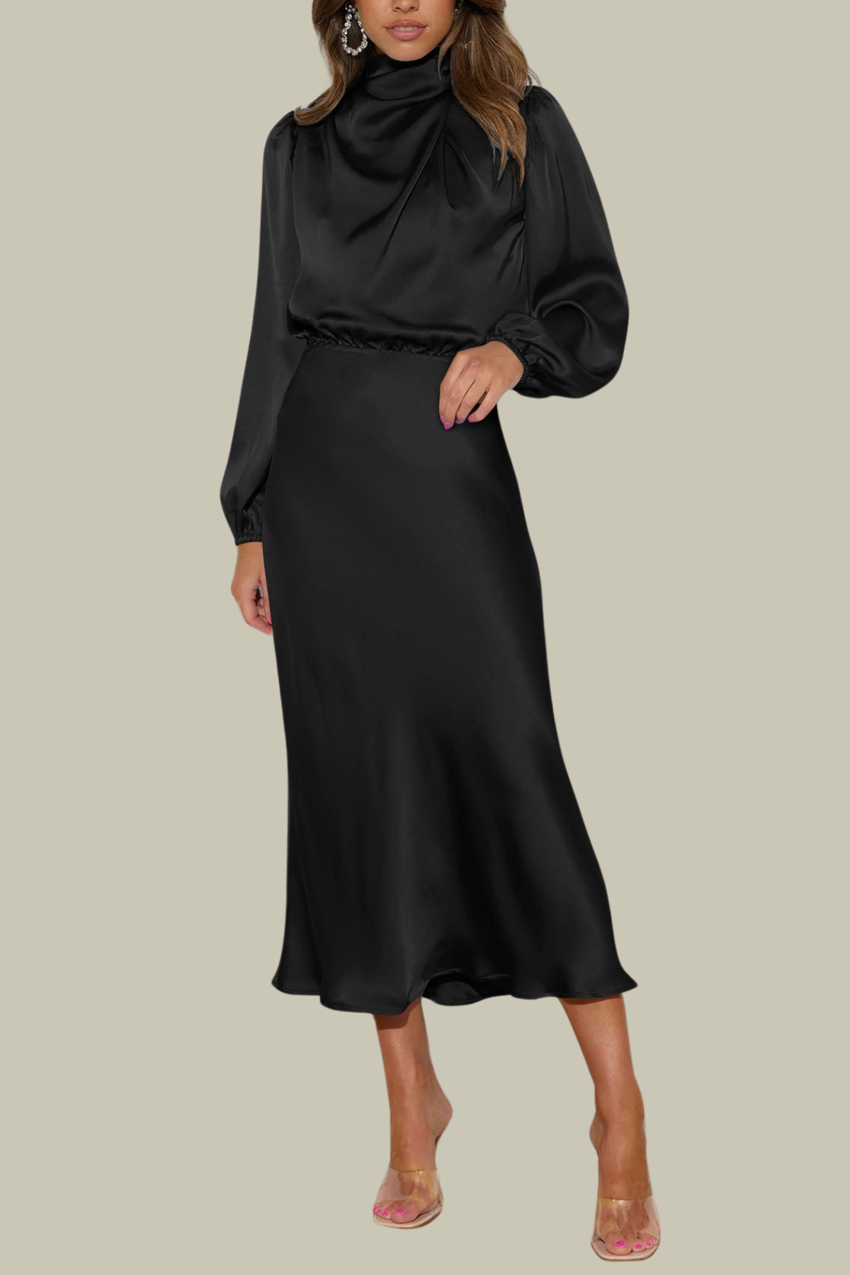 Mary Satin Halter Neck Midi Dress In Black