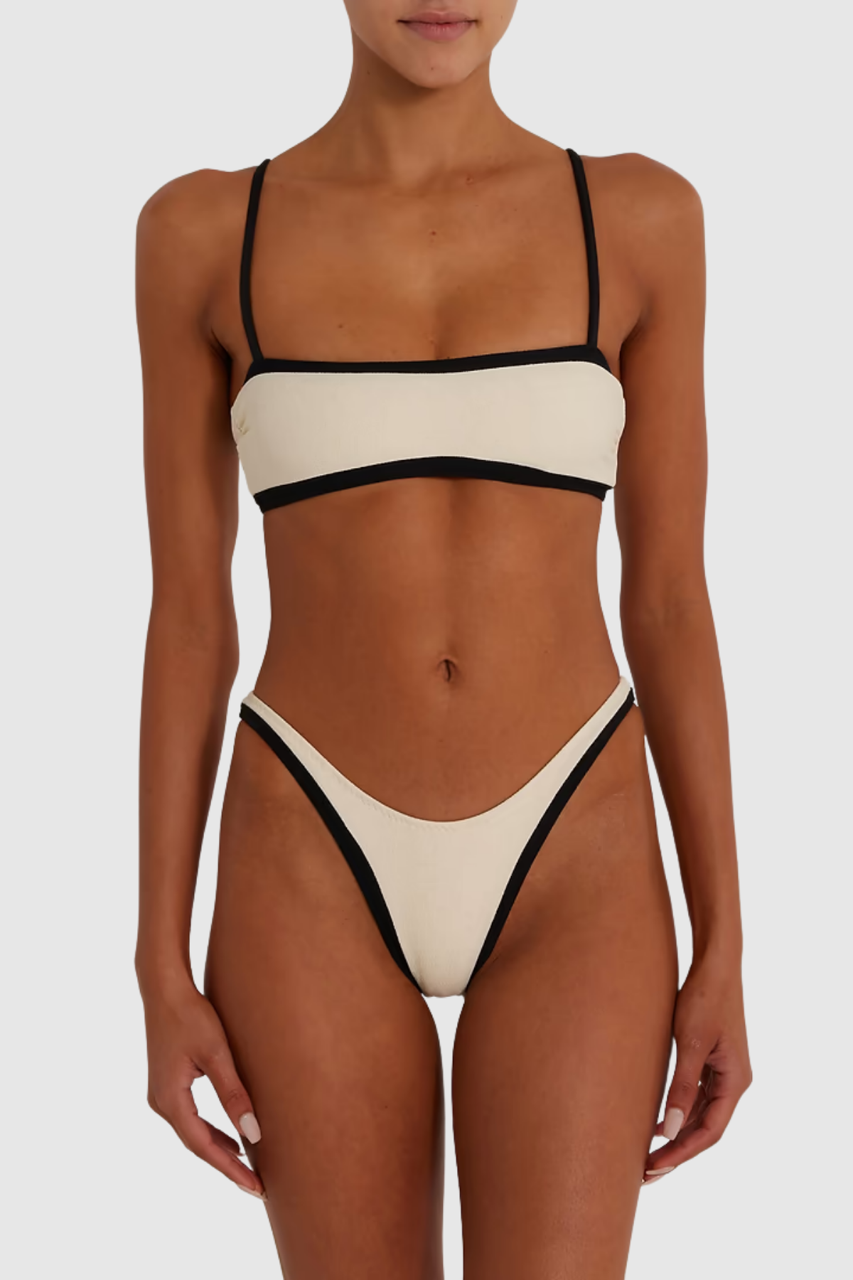 model wearing beige spaghetti strap two piece bikini fitted high stretch front view