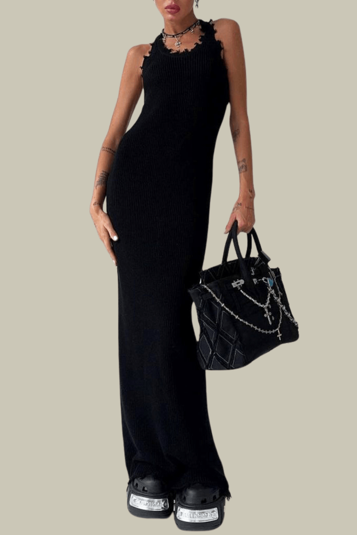 Natalia Fringe Knit Maxi Dress In Black