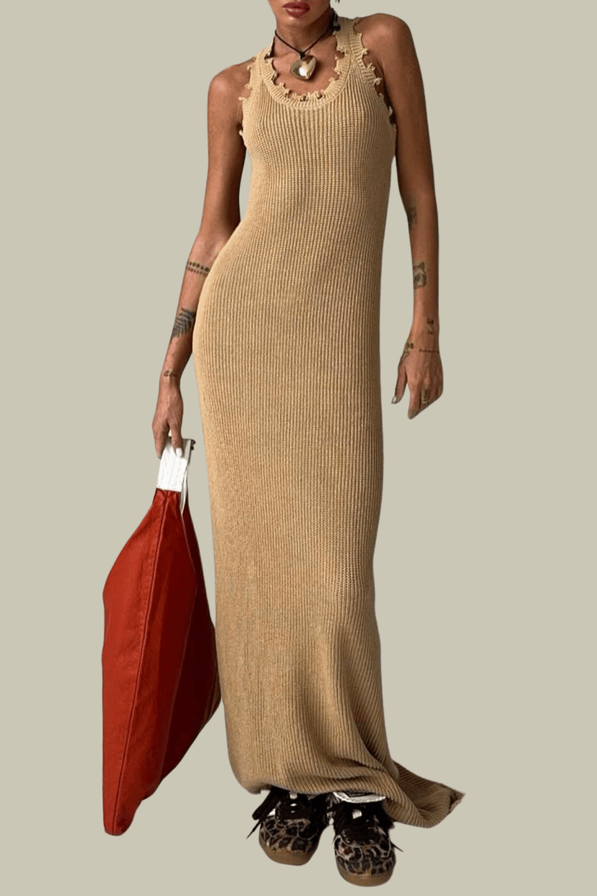 Natalia Fringe Knit Maxi Dress In Brown