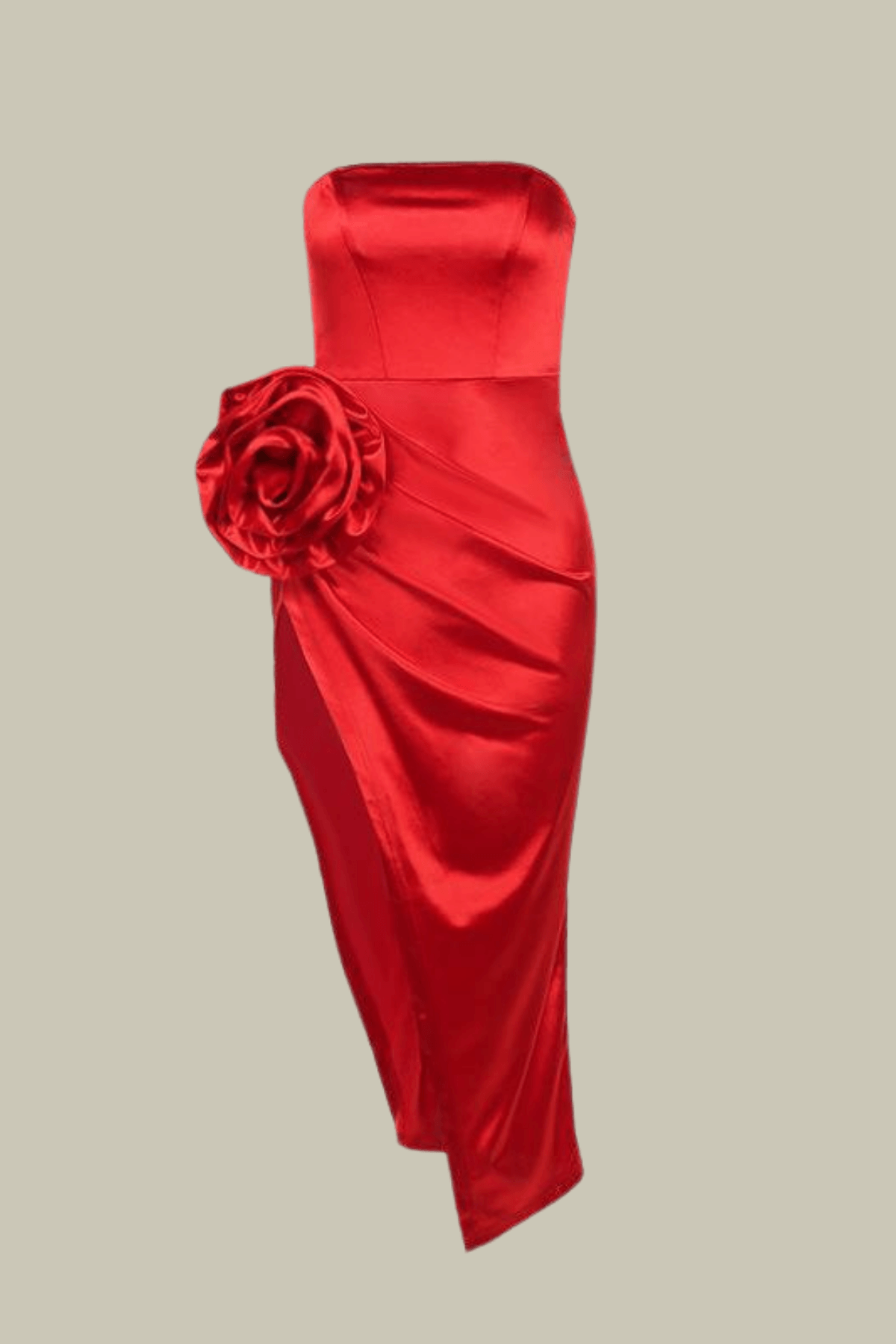 Penelope Off Shoulder Satin Flower Split Midi Dress