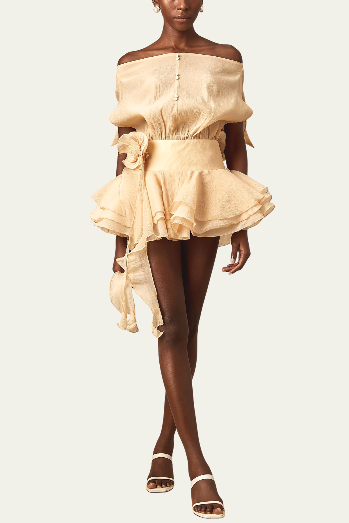 Phoenix Off Shoulder Ruffle Flower Mini Dress In Apricot – Luxeles