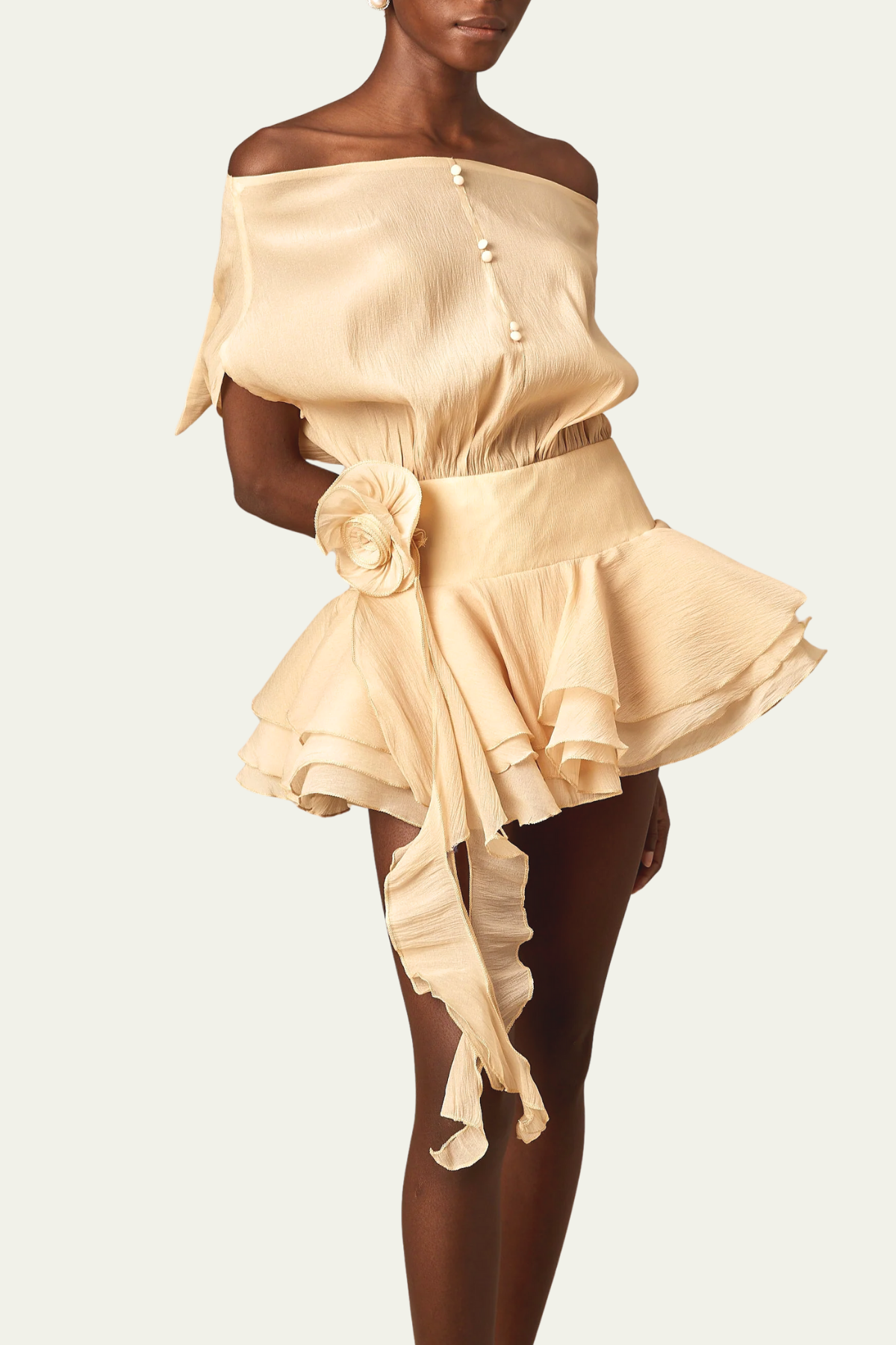 Phoenix Off Shoulder Ruffle Flower Mini Dress In Apricot – Luxeles