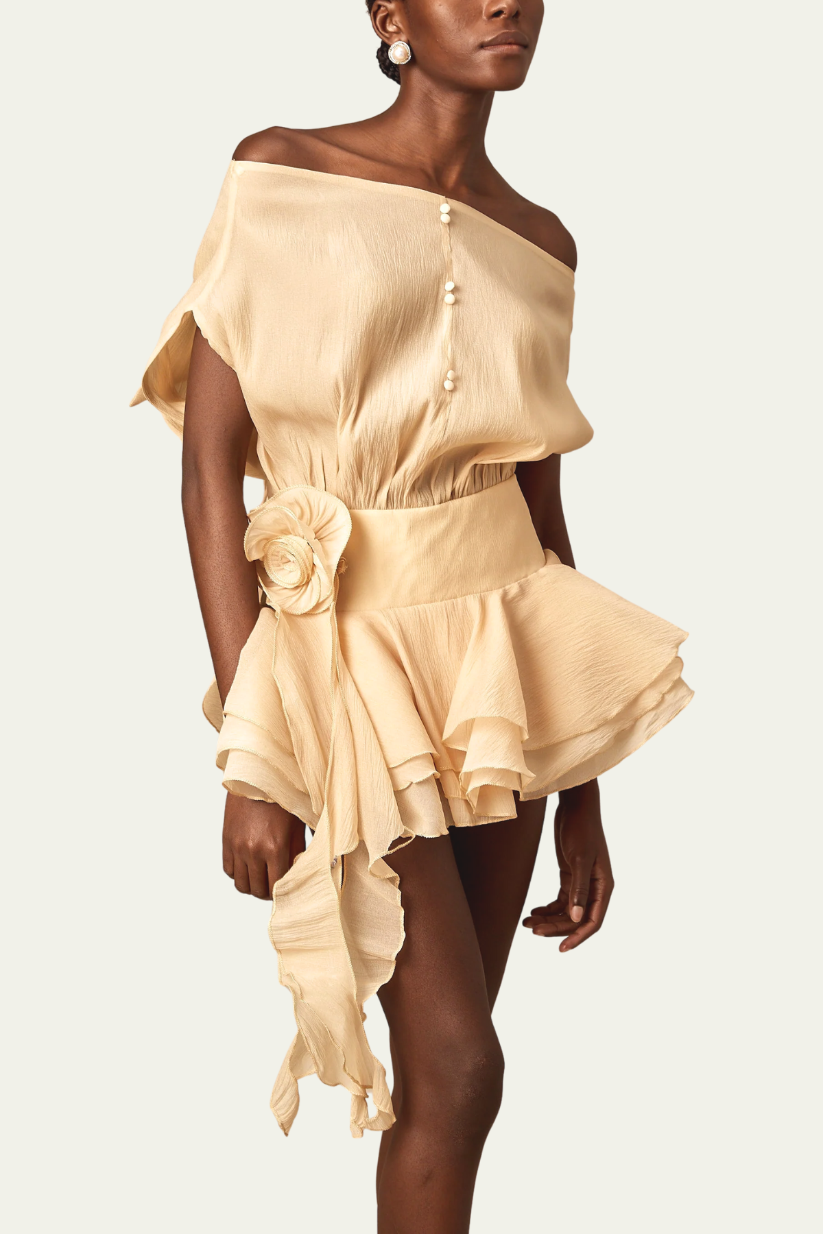 Phoenix Off Shoulder Ruffle Flower Mini Dress In Apricot – Luxeles