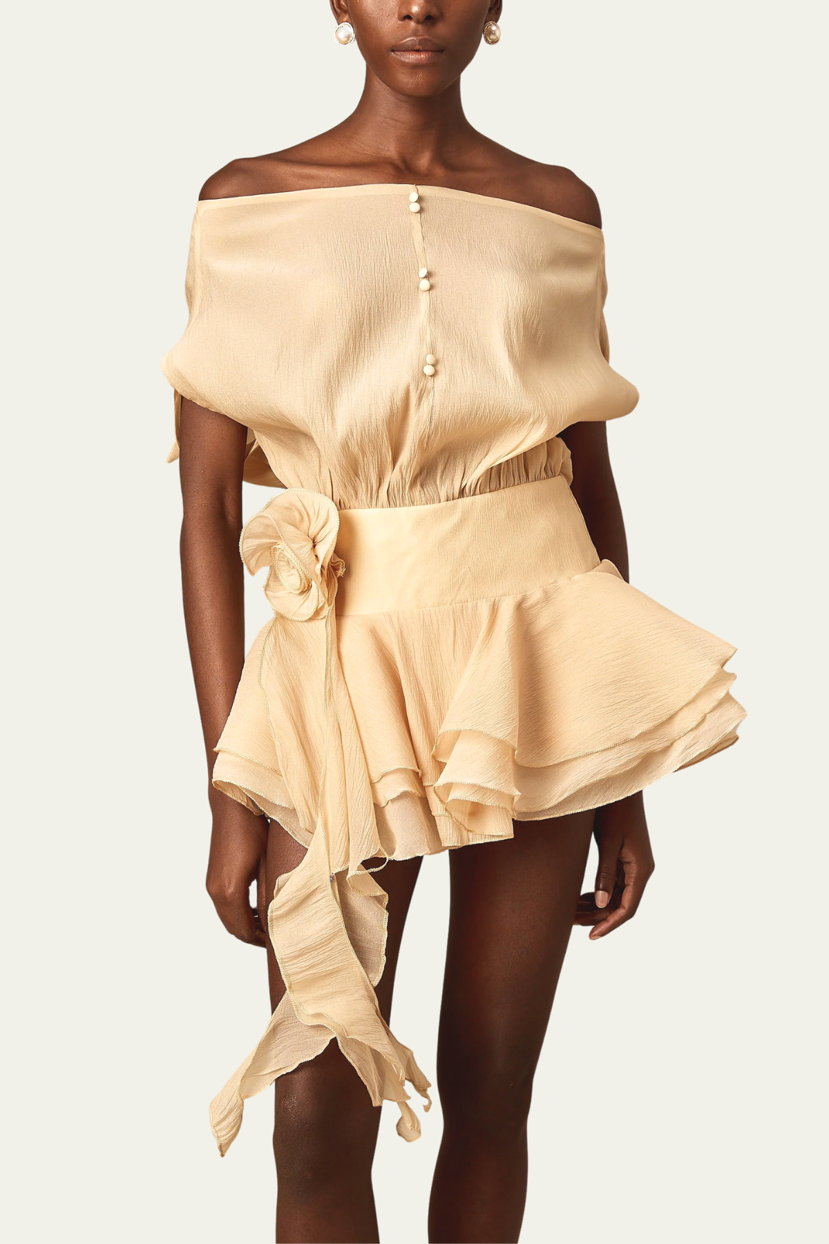 Phoenix Off Shoulder Ruffle Flower Mini Dress In Apricot – Luxeles