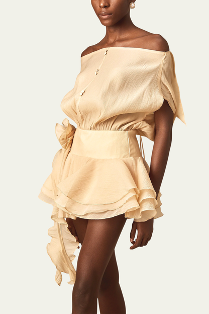 Phoenix Off Shoulder Ruffle Flower Mini Dress In Apricot – Luxeles