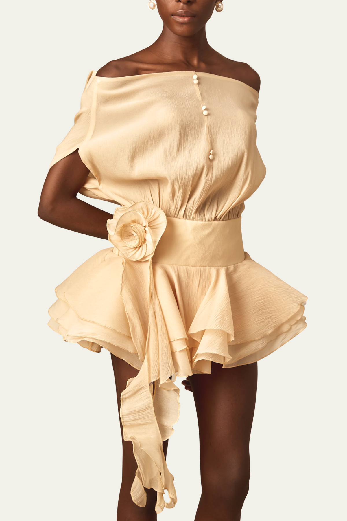 Phoenix Off Shoulder Ruffle Flower Mini Dress In Apricot – Luxeles