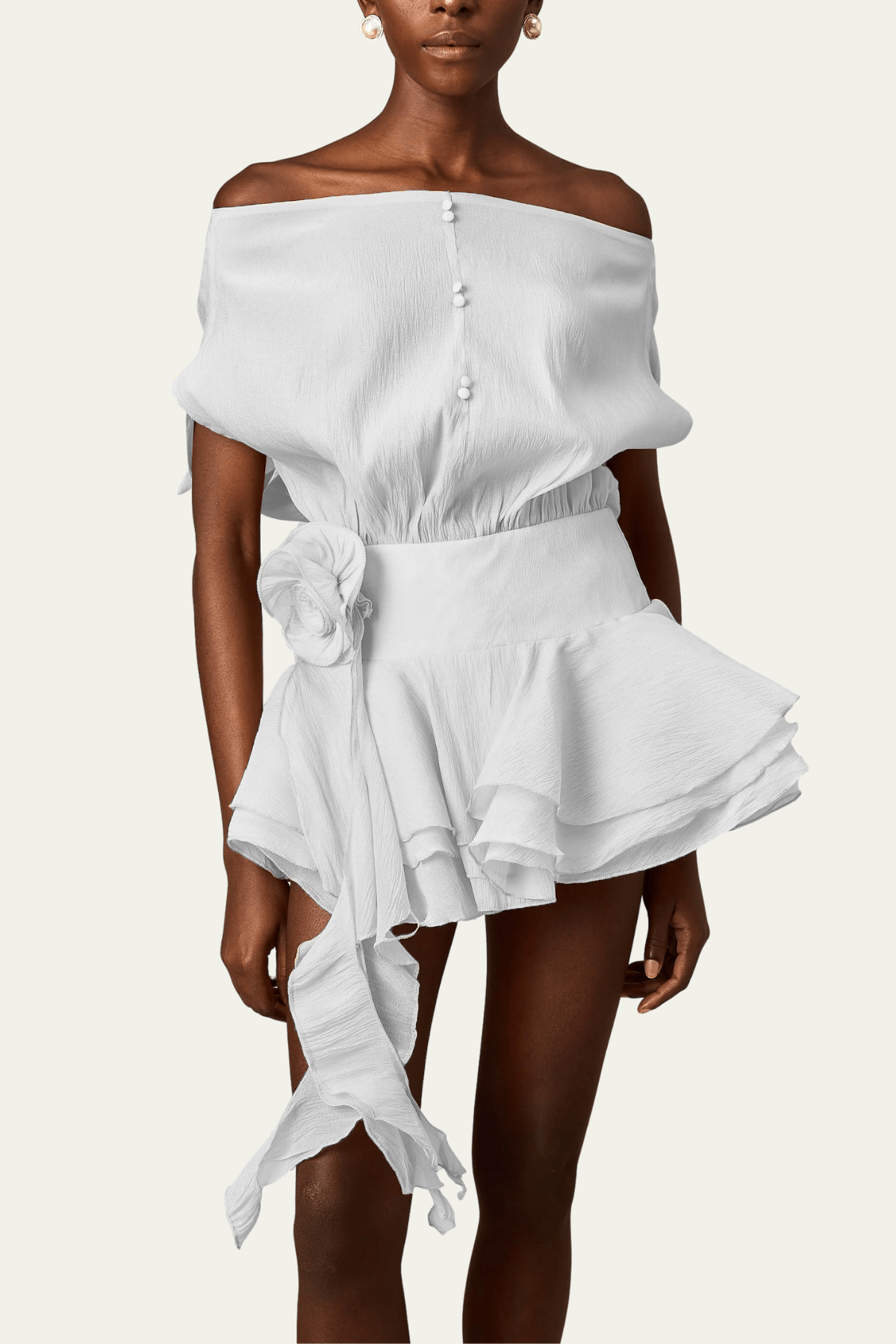 Phoenix Off Shoulder Ruffle Flower Mini Dress In White – Luxeles