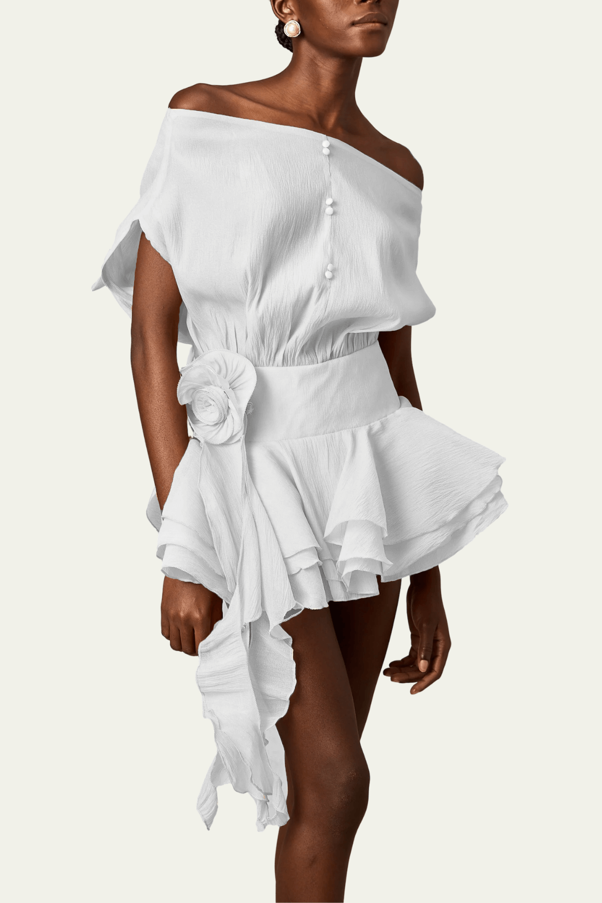 Phoenix Off Shoulder Ruffle Flower Mini Dress In White – Luxeles