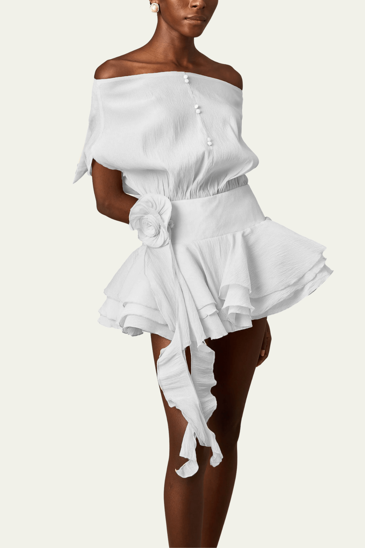 Phoenix Off Shoulder Ruffle Flower Mini Dress In White – Luxeles