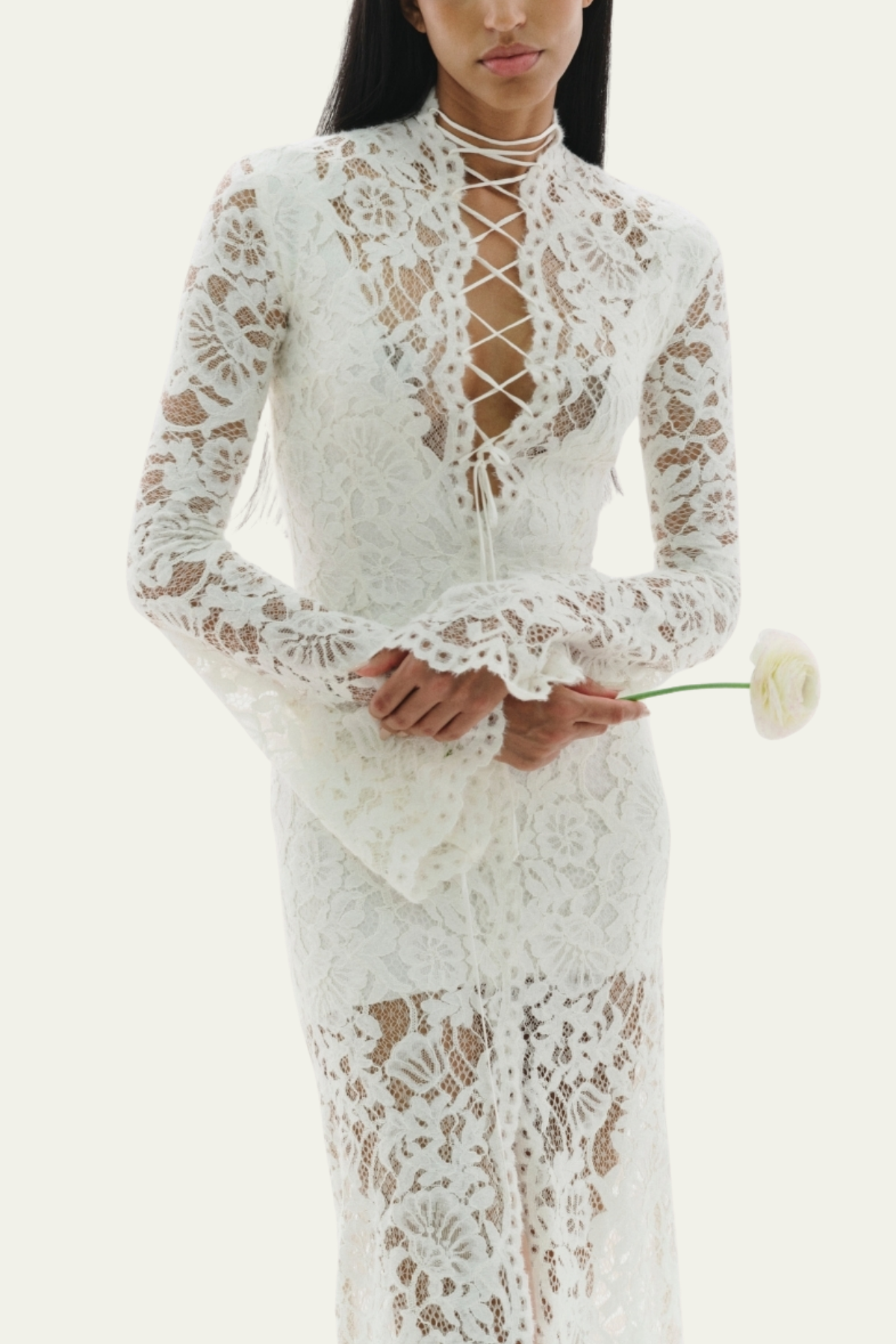 Raelyn Lace Up Plunge Lace Midi Dress – Luxeles