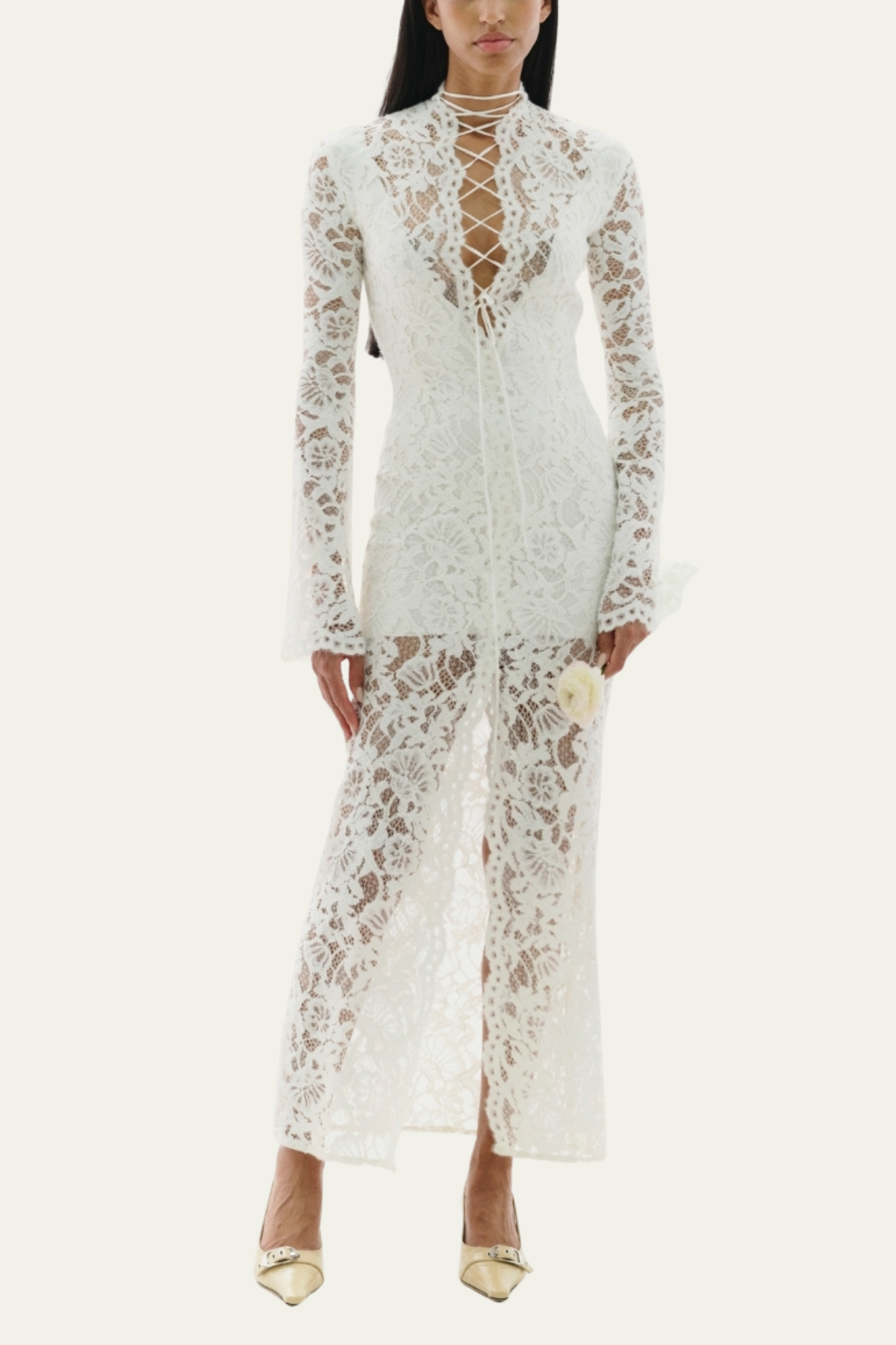 Raelyn Lace Up Plunge Lace Midi Dress – Luxeles