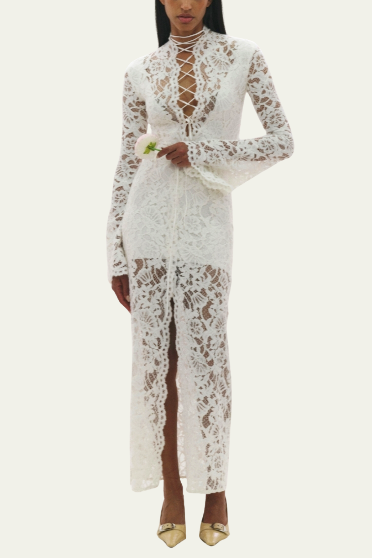 Raelyn Lace Up Plunge Lace Midi Dress – Luxeles