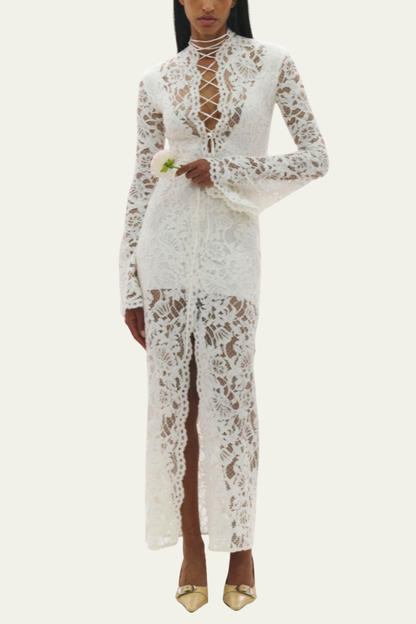 Raelyn Lace Up Plunge Lace Midi Dress – Luxeles