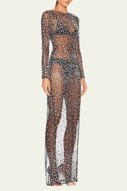 Sadie Mesh Rhinestone See Through Maxi Dress In Black