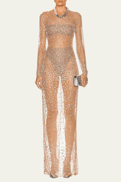 Sadie Mesh Rhinestone See Through Maxi Dress In Nude