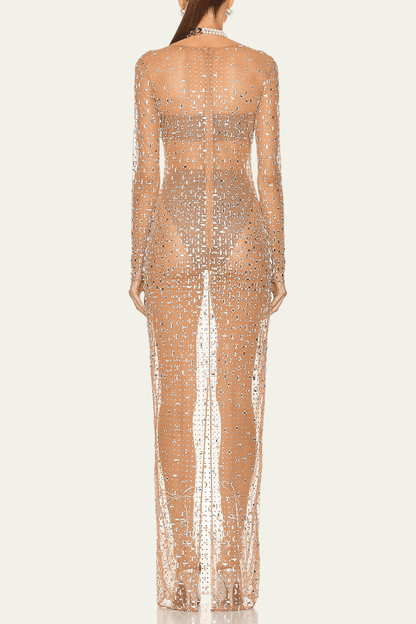 Sadie Mesh Rhinestone See Through Maxi Dress In Nude