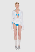 Saige Plunge Cover Up Swimwear three piece set with blue bikini and white cover-up, full view