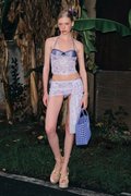 Sarai Floral Asymmetric Swimwear four piece set in purple floral print with mesh and satin, halter neck full view