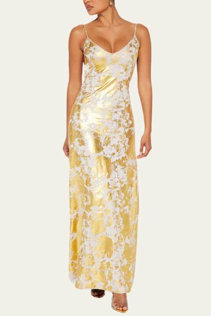 Selena Spaghetti Metallic Backless Maxi Dress