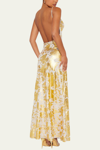 Selena Spaghetti Metallic Backless Maxi Dress