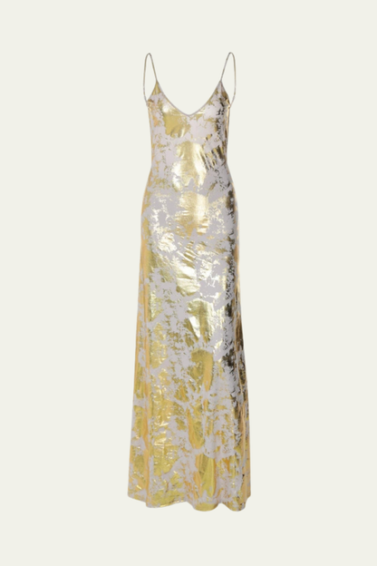 Selena Spaghetti Metallic Backless Maxi Dress