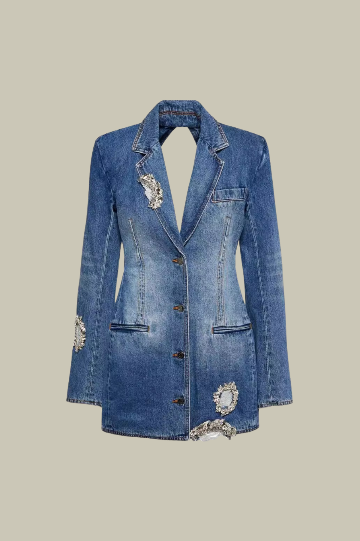 Sloane Rhinestone Lapel Backless Denim Mini Blazer Dress