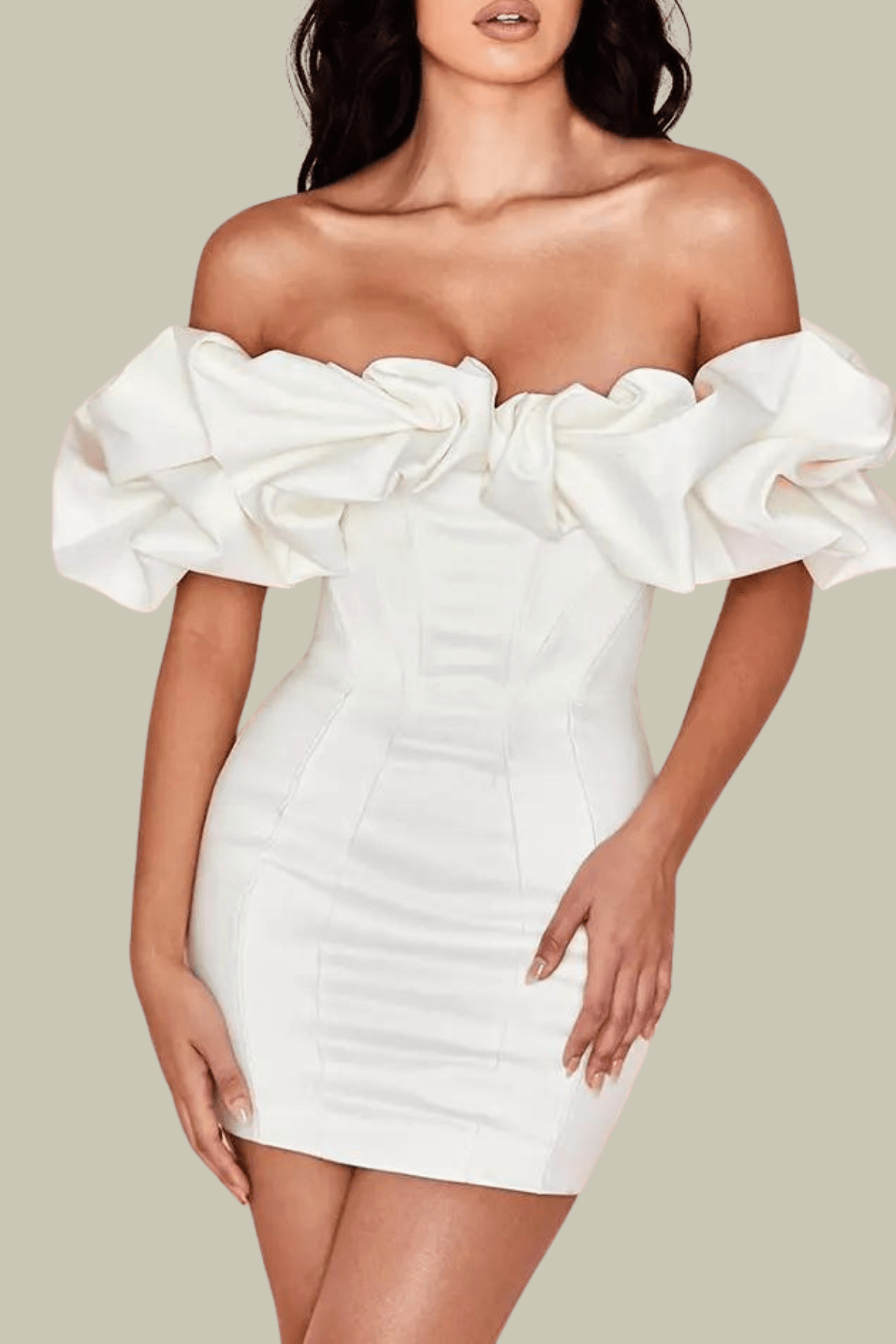 Sophia Satin Ruch Ruffle Mini Dress In White