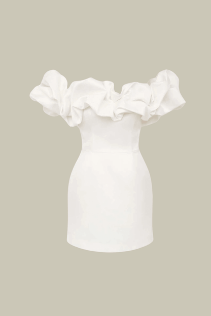 Sophia Satin Ruch Ruffle Mini Dress In White