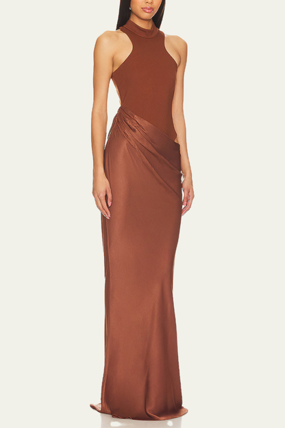 Trinity Sleeveless Satin Maxi Dress In Brown – Luxeles